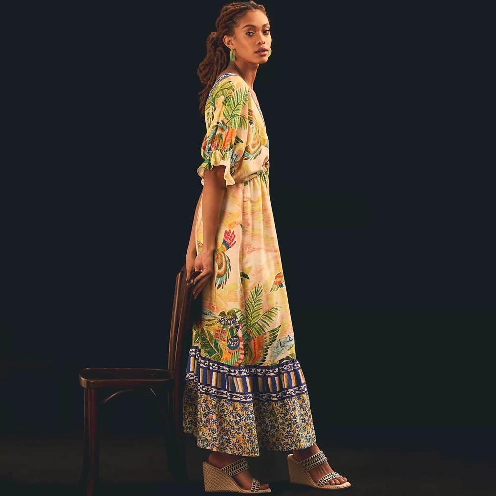 NWT Farm Rio V-Neck Macaw Paradise Maxi Dress Bird Size M Medium - Picture 2 of 5